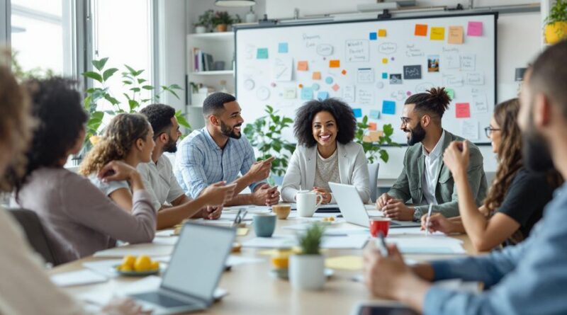 Pertemuan tim yang bersemangat di ruang kantor yang cerah.