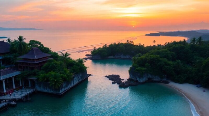 Pemandangan indah Banda Aceh dengan alam dan bangunan tradisional.